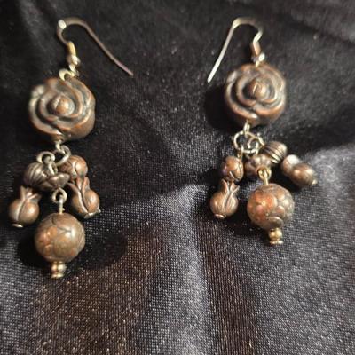 Vintage Antiqued Brass Rose & Dangle Charm Earrings – Romantic Boho Elegance