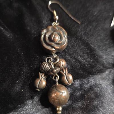 Vintage Antiqued Brass Rose & Dangle Charm Earrings – Romantic Boho Elegance