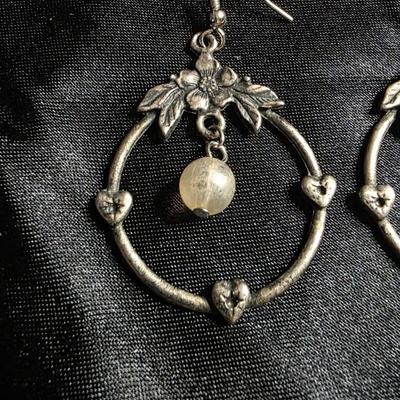 Vintage Pewter Floral Wreath Hoop Earrings with Moonstone Drop - Antiqued Silver Tone