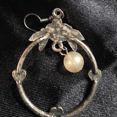 Vintage Pewter Floral Wreath Hoop Earrings with Moonstone Drop - Antiqued Silver Tone