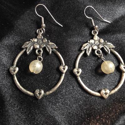 Vintage Pewter Floral Wreath Hoop Earrings with Moonstone Drop - Antiqued Silver Tone