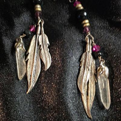 Vintage Silver Tone Feather Dangle Earrings with Amethyst & Black Bead Accents