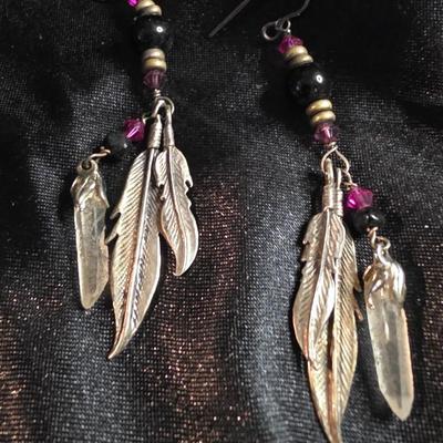 Vintage Silver Tone Feather Dangle Earrings with Amethyst & Black Bead Accents