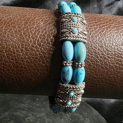Southwestern Turquoise & Antique Silver Colored Double-Strand Beaded Bracelet