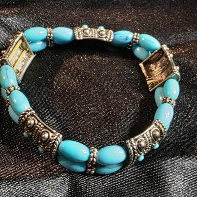 Southwestern Turquoise & Antique Silver Colored Double-Strand Beaded Bracelet