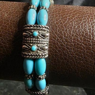 Southwestern Turquoise & Antique Silver Colored Double-Strand Beaded Bracelet
