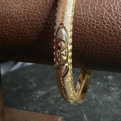 Vintage Gold Tone Textured Bangle Bracelet - Hammered Finish with AB Rhinestone Oval Accent