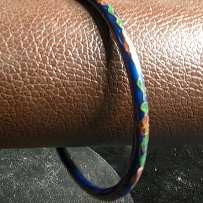 Vintage Blue Cloisonné Floral Bangle Bracelet - Rose and Green Enamel