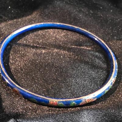 Vintage Blue Cloisonné Floral Bangle Bracelet - Rose and Green Enamel