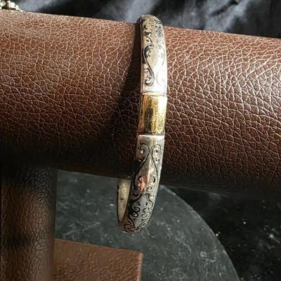 Vintage Scroll-Etched Silver & Bangle Bracelet – Timeless Ornate Mixed-Metal Design