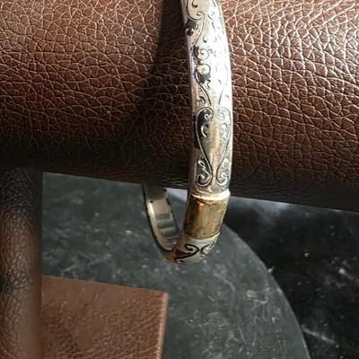 Vintage Scroll-Etched Silver & Bangle Bracelet – Timeless Ornate Mixed-Metal Design