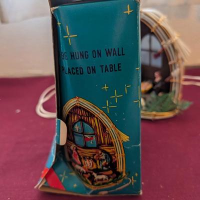 Vintage nativity lamp, two ornaments one with qual etched the other a deer.