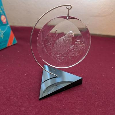 Vintage nativity lamp, two ornaments one with qual etched the other a deer.