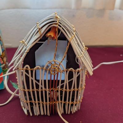 Vintage nativity lamp, two ornaments one with qual etched the other a deer.