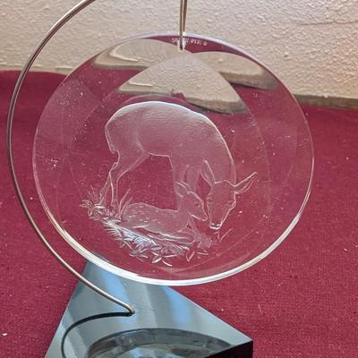 Vintage nativity lamp, two ornaments one with qual etched the other a deer.