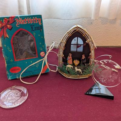 Vintage nativity lamp, two ornaments one with qual etched the other a deer.