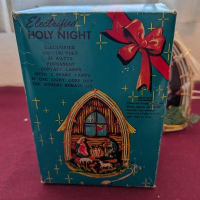 Vintage nativity lamp, two ornaments one with qual etched the other a deer.