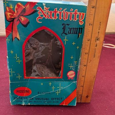 Vintage nativity lamp, two ornaments one with qual etched the other a deer.