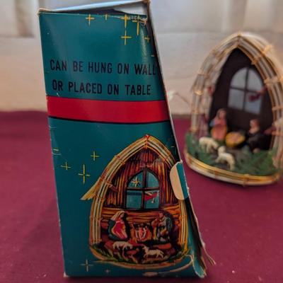 Vintage nativity lamp, two ornaments one with qual etched the other a deer.