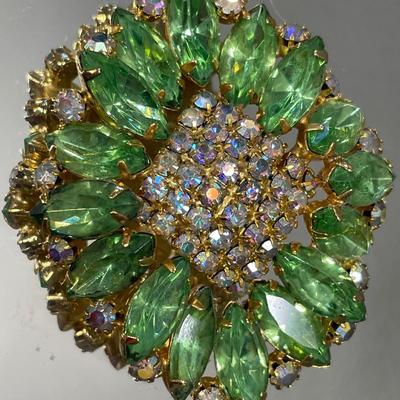 Glowing Green rhinestone brooch and clip on earrings