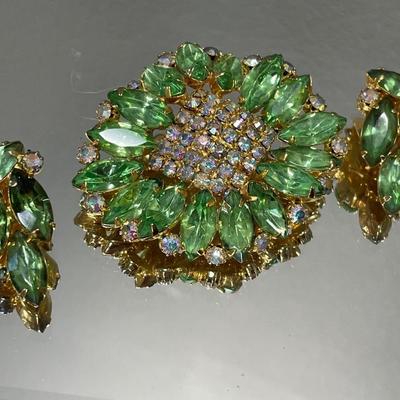 Glowing Green rhinestone brooch and clip on earrings
