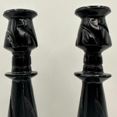 Pair of Carved Black Stone Candlesticks