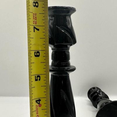 Pair of Carved Black Stone Candlesticks