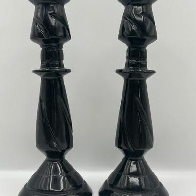 Pair of Carved Black Stone Candlesticks
