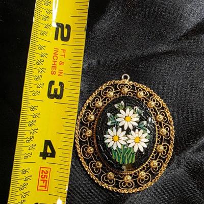 Vintage Italian Micro Mosaic Daisy Brooch - Gold Tone Filigree Frame with Black Glass Back