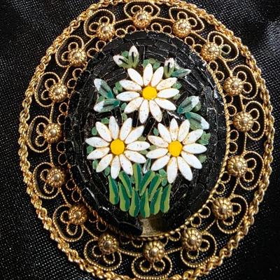 Vintage Italian Micro Mosaic Daisy Brooch - Gold Tone Filigree Frame with Black Glass Back