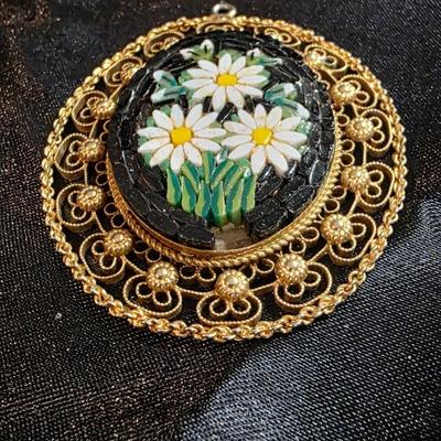 Vintage Italian Micro Mosaic Daisy Brooch - Gold Tone Filigree Frame with Black Glass Back