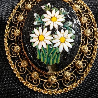 Vintage Italian Micro Mosaic Daisy Brooch - Gold Tone Filigree Frame with Black Glass Back