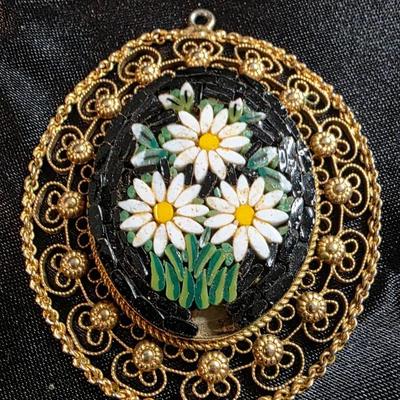 Vintage Italian Micro Mosaic Daisy Brooch - Gold Tone Filigree Frame with Black Glass Back