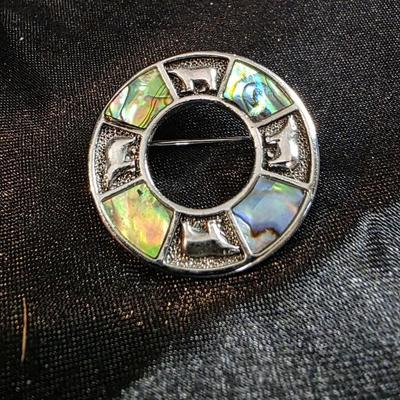 Vintage Abalone Inlay Circle Brooch - Silver Tone with Marcasite Accents