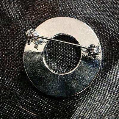 Vintage Abalone Inlay Circle Brooch - Silver Tone with Marcasite Accents