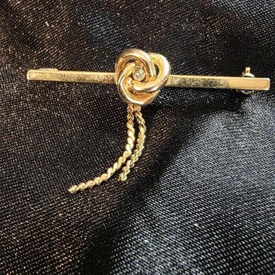 Vintage Gold Tone Love Knot Tie Tack Pin with Chain and Bar - Diamond Accent