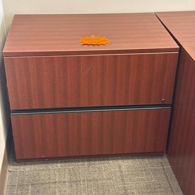 4Q1-you shaped desk with freestanding lateral matching cabinet