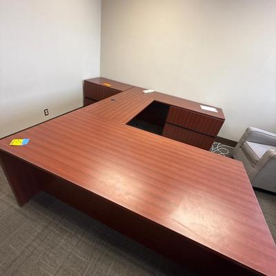 4Q1-you shaped desk with freestanding lateral matching cabinet