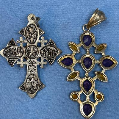 Sale Photo Thumbnail #514: Aren't these beautiful!  The one on the left has malachite, the other is topaz & amethyst.  It is sterling silver with gold overlay.  31.2 grams total weight