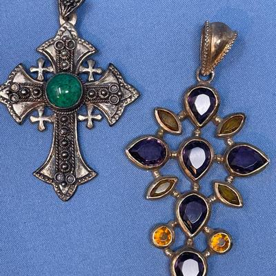 Sale Photo Thumbnail #513: Aren't these beautiful!  The one on the left has malachite, the other is topaz & amethyst.  It is sterling silver with gold overlay.  31.2 grams total weight