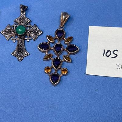 Sale Photo Thumbnail #512: Aren't these beautiful!  The one on the left has malachite, the other is topaz & amethyst.  It is sterling silver with gold overlay.  31.2 grams total weight