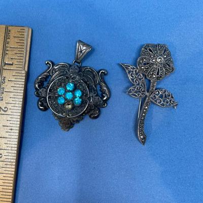 Sale Photo Thumbnail #541: The pendant does have a stone missing.  The rose brooch is great & ready to wear! 28.8 grams total weight.