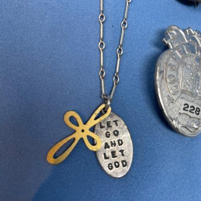 Sale Photo Thumbnail #546: The badges are cool!  The necklace has a brass heart.  25.9 grams total weight.