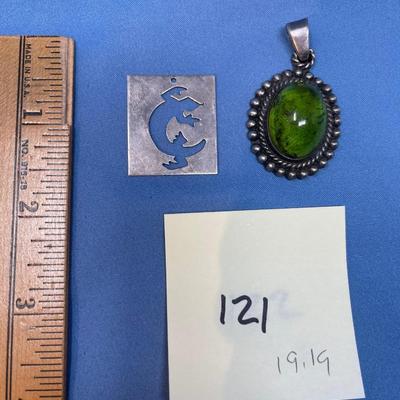 Sale Photo Thumbnail #581: M. Slim salamander sterling piece.  Green Apple Amber pendant.  Both in great shape! 19.1 grams total weight.