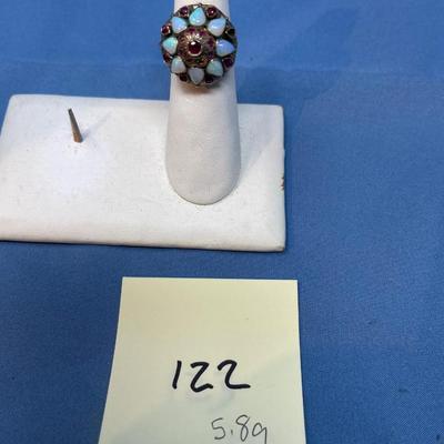 Sale Photo Thumbnail #586: One of the outer garnets is missing. Great tall dome ring, almost can be a poison ring.  Very nice piece 135+ years old!  5.8 grams total weight!