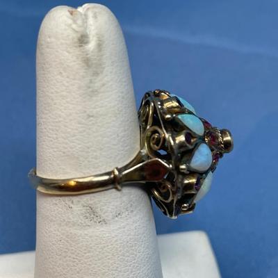 Sale Photo Thumbnail #589: One of the outer garnets is missing. Great tall dome ring, almost can be a poison ring.  Very nice piece 135+ years old!  5.8 grams total weight!