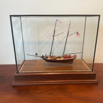Hand-Crafted Wooden Model Ship “Amazon” in Glass Display Case