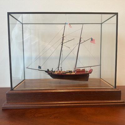 Hand-Crafted Wooden Model Ship “Amazon” in Glass Display Case