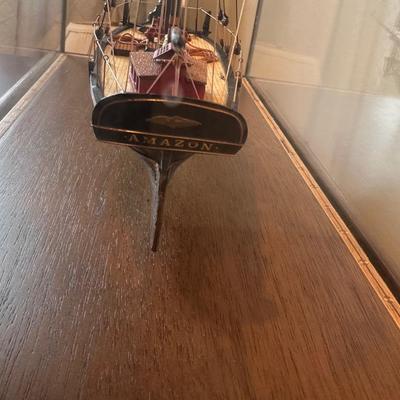 Hand-Crafted Wooden Model Ship “Amazon” in Glass Display Case