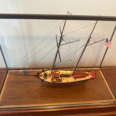 Hand-Crafted Wooden Model Ship “Amazon” in Glass Display Case